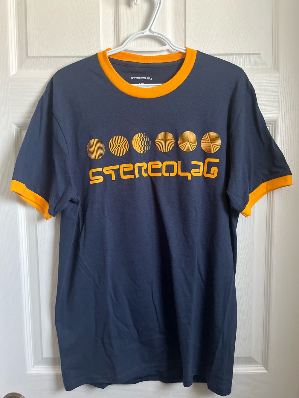 NWOT Stereolab T-Shirt Tee Medium Men Short Sleeve Blue Orange Dots music band